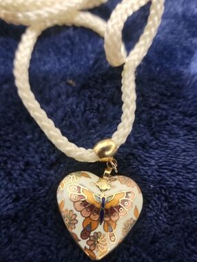 Enamel Butterfly Heart Pendant Necklace - Ivory and Gold